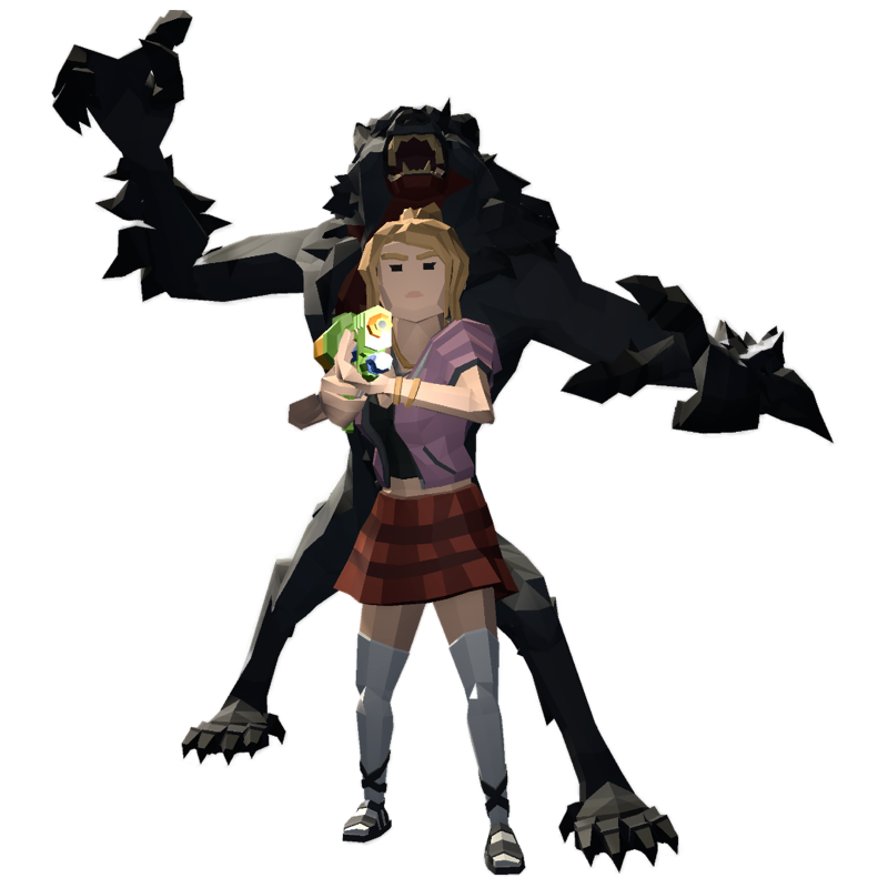 A blonde character holding a green weapon in front of a roaring werewolf.