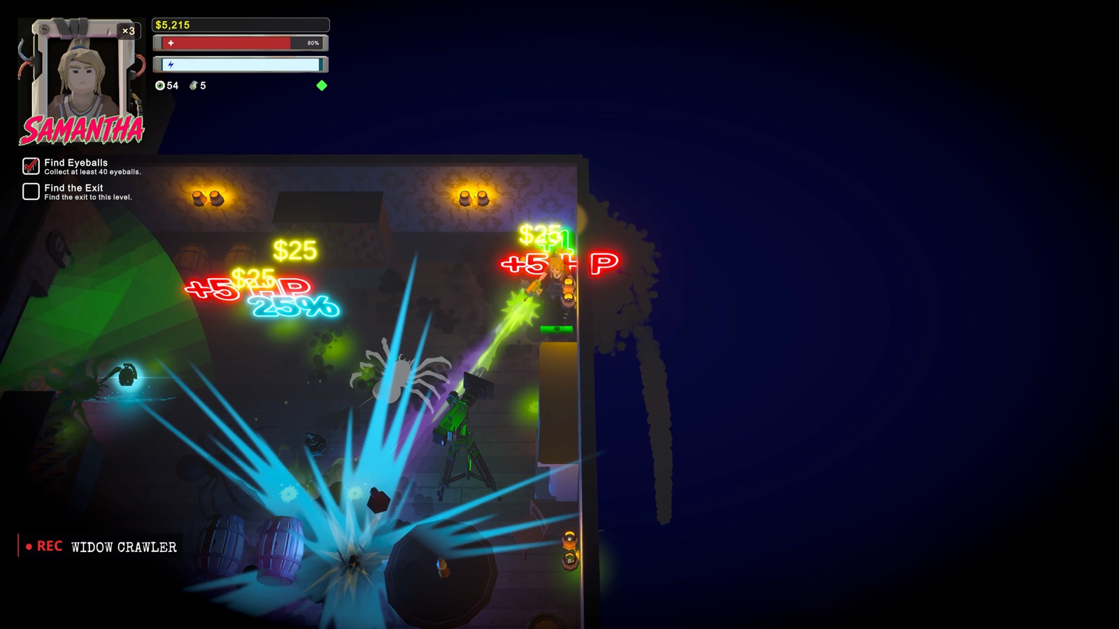 Samantha battling the Widow Crawler amid bright arcade effects and pickups.
