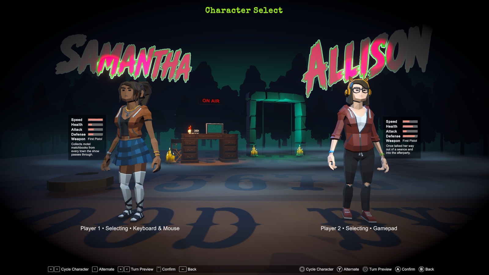Samantha and Allison on the two-player character selection screen.